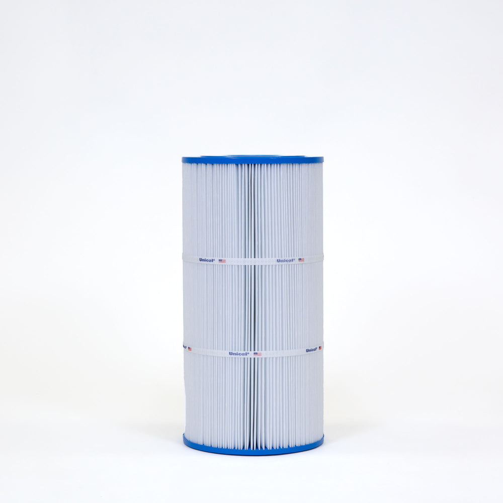 cylindrical pool filter cartridge with blue end caps and pleated white filter material secured by two white bands