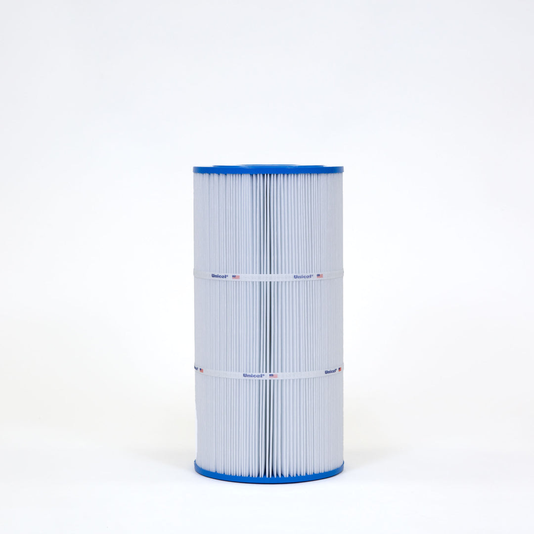 cylindrical pool filter cartridge with blue end caps and pleated white filter material secured by two white bands