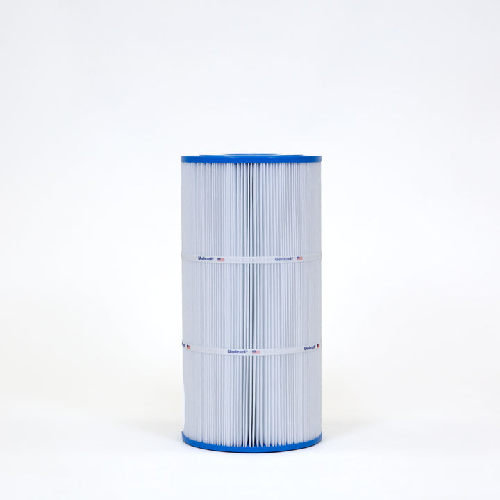 cylindrical pool filter cartridge with blue end caps and pleated white filter material secured by two white bands