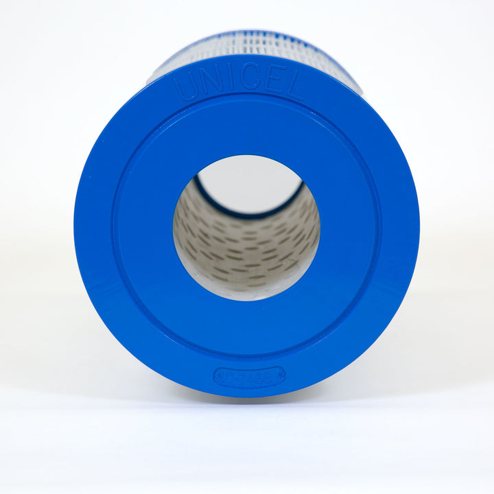 cylindrical pool filter cartridge with blue plastic end caps and white pleated filter material inside
