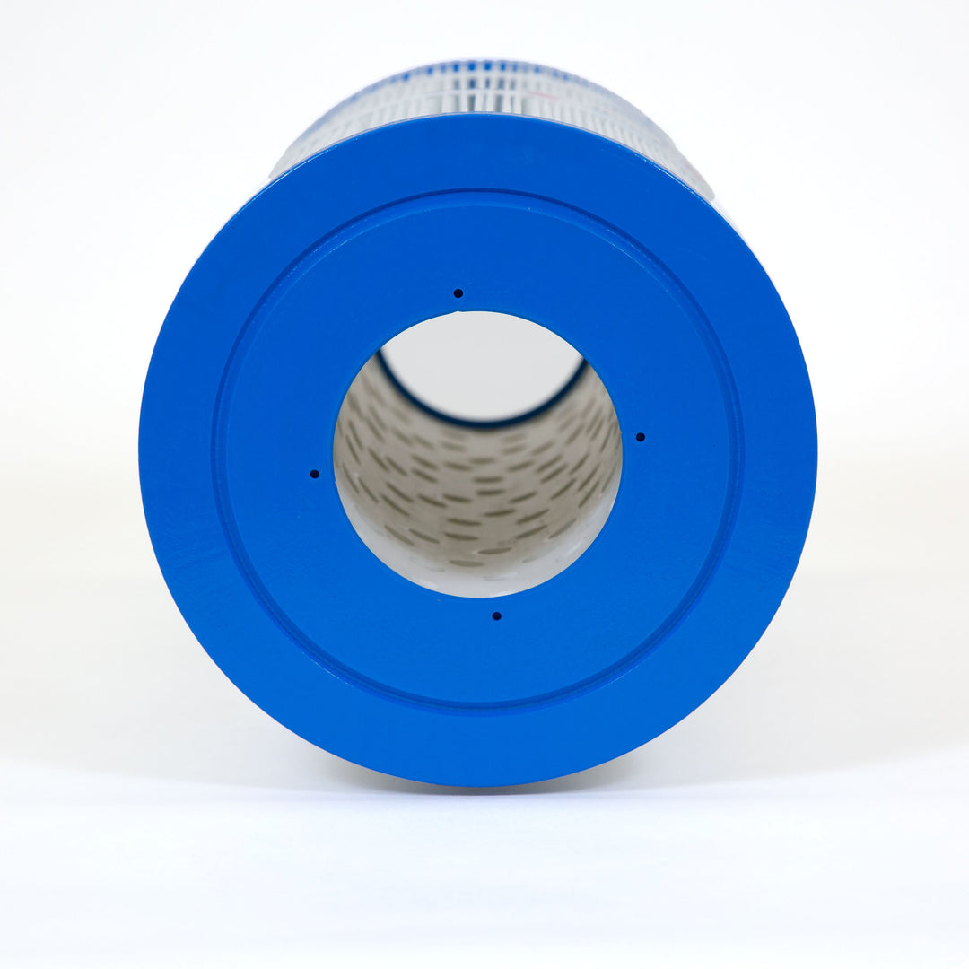 Cylindrical pool filter cartridge with blue plastic end caps and pleated white filtration material inside