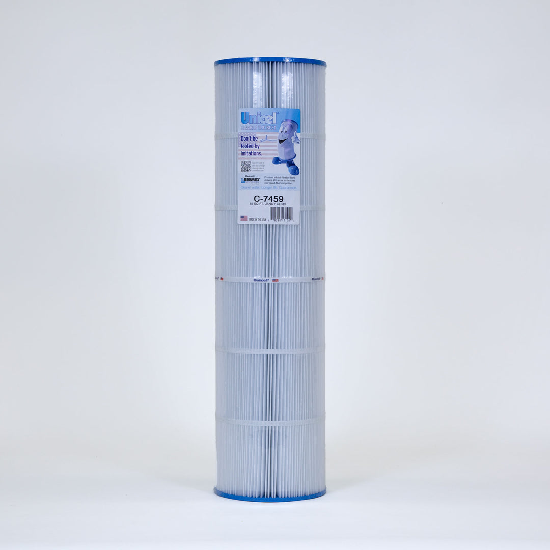 cylindrical pool filter cartridge with pleated white filtration material and blue plastic ends standing upright on plain background