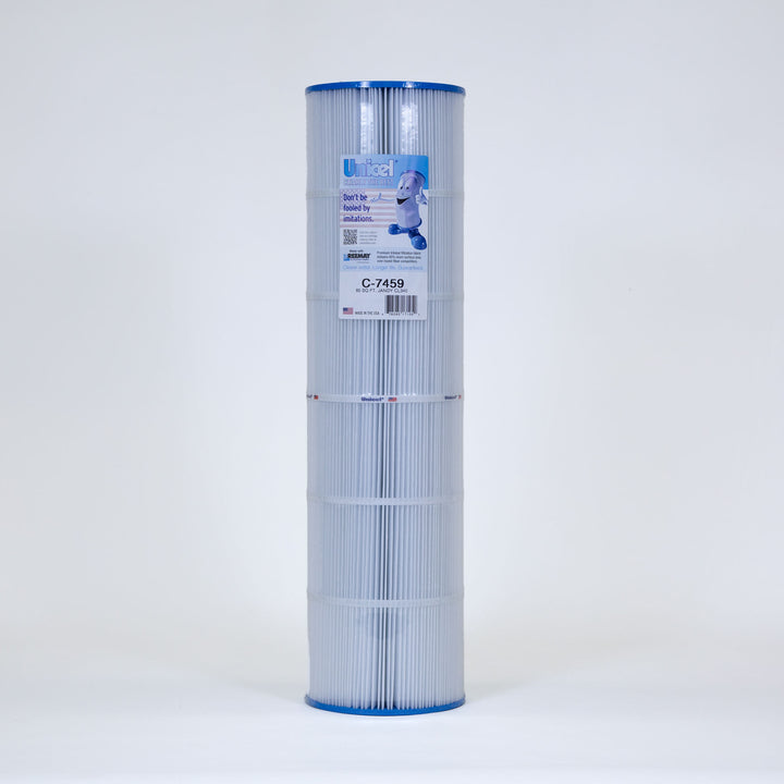 cylindrical pool filter cartridge with pleated white filtration material and blue plastic ends standing upright on plain background