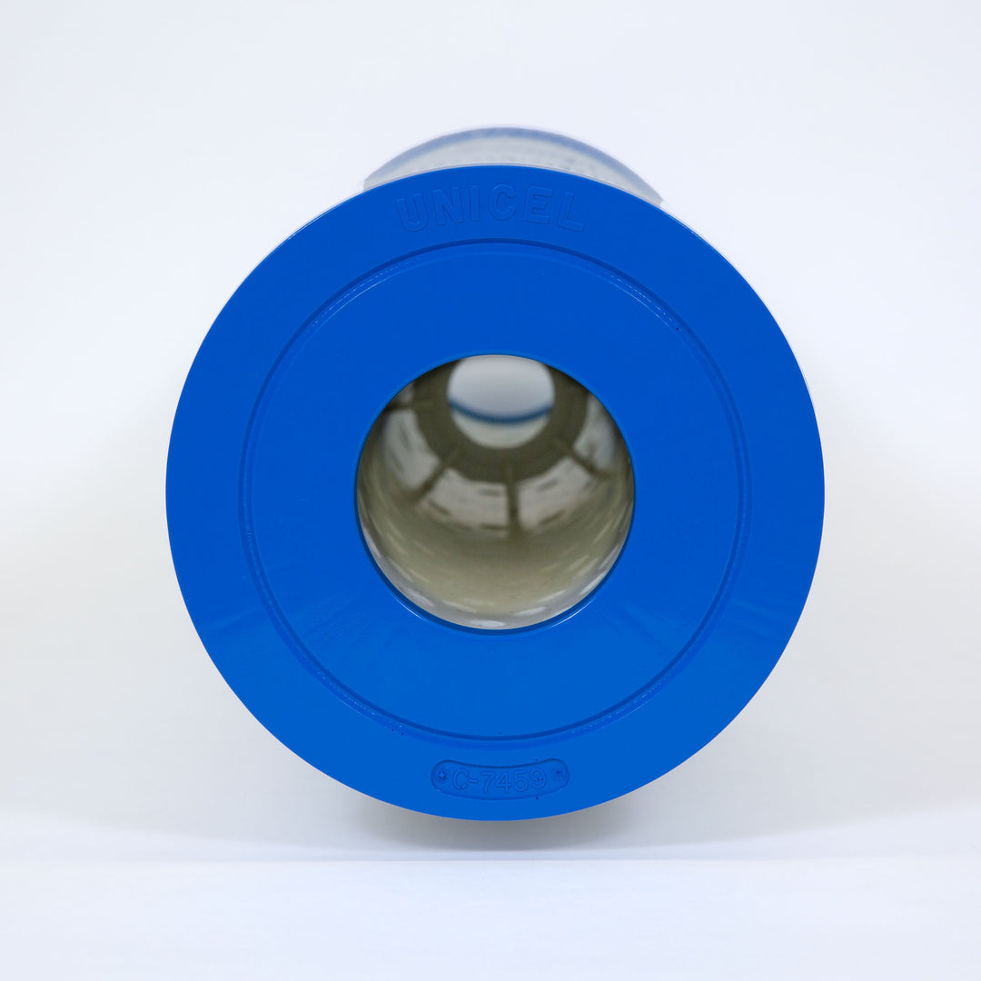 cylindrical pool filter cartridge with a bright blue plastic end cap and a hollow center tube