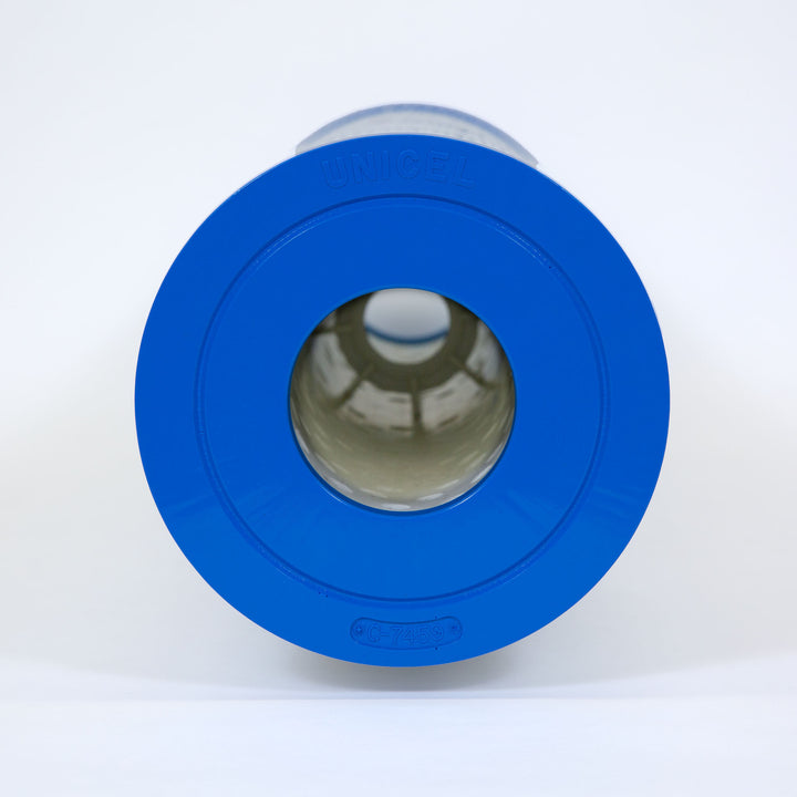 cylindrical pool filter cartridge with a bright blue plastic end cap and a hollow center tube