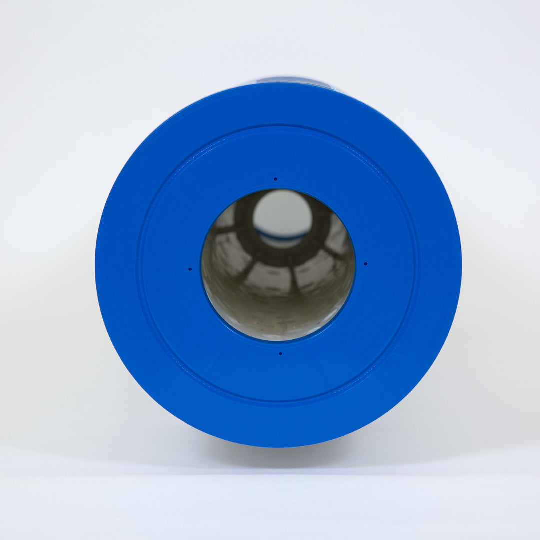 cylindrical pool filter cartridge with vibrant blue end cap and visible pleated inner filter material