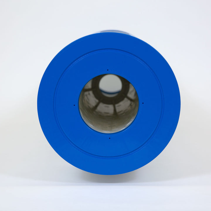 cylindrical pool filter cartridge with vibrant blue end cap and visible pleated inner filter material