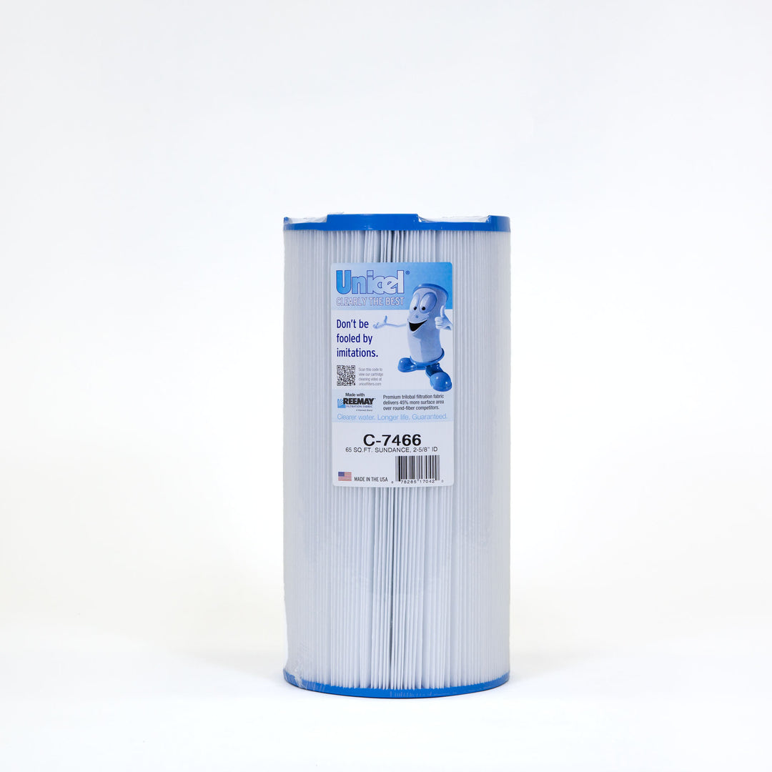 cylindrical white pool filter cartridge with blue caps on top and bottom and a product label on front
