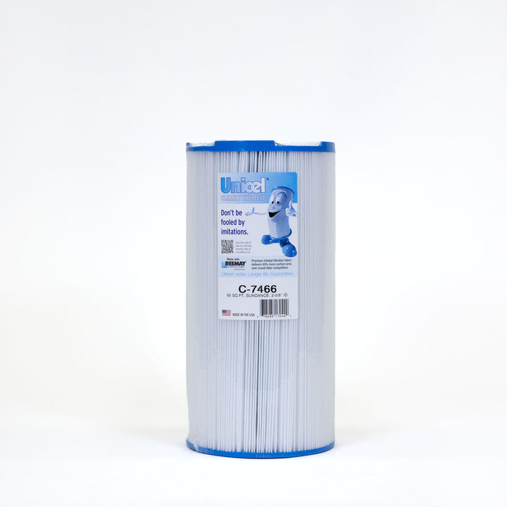 cylindrical white pool filter cartridge with blue caps on top and bottom and a product label on front