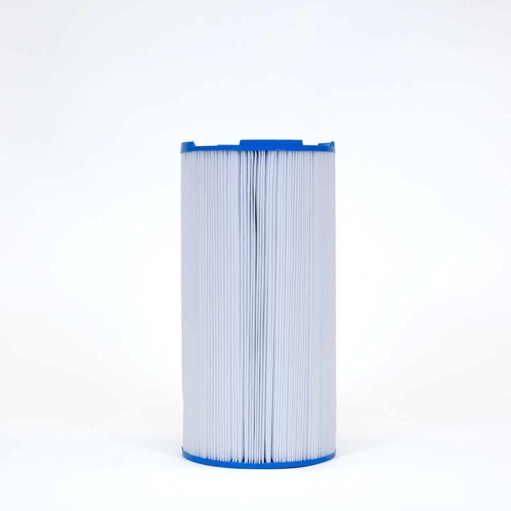 Tall cylindrical pool or spa filter cartridge with blue plastic caps on top and bottom and white pleated filter material