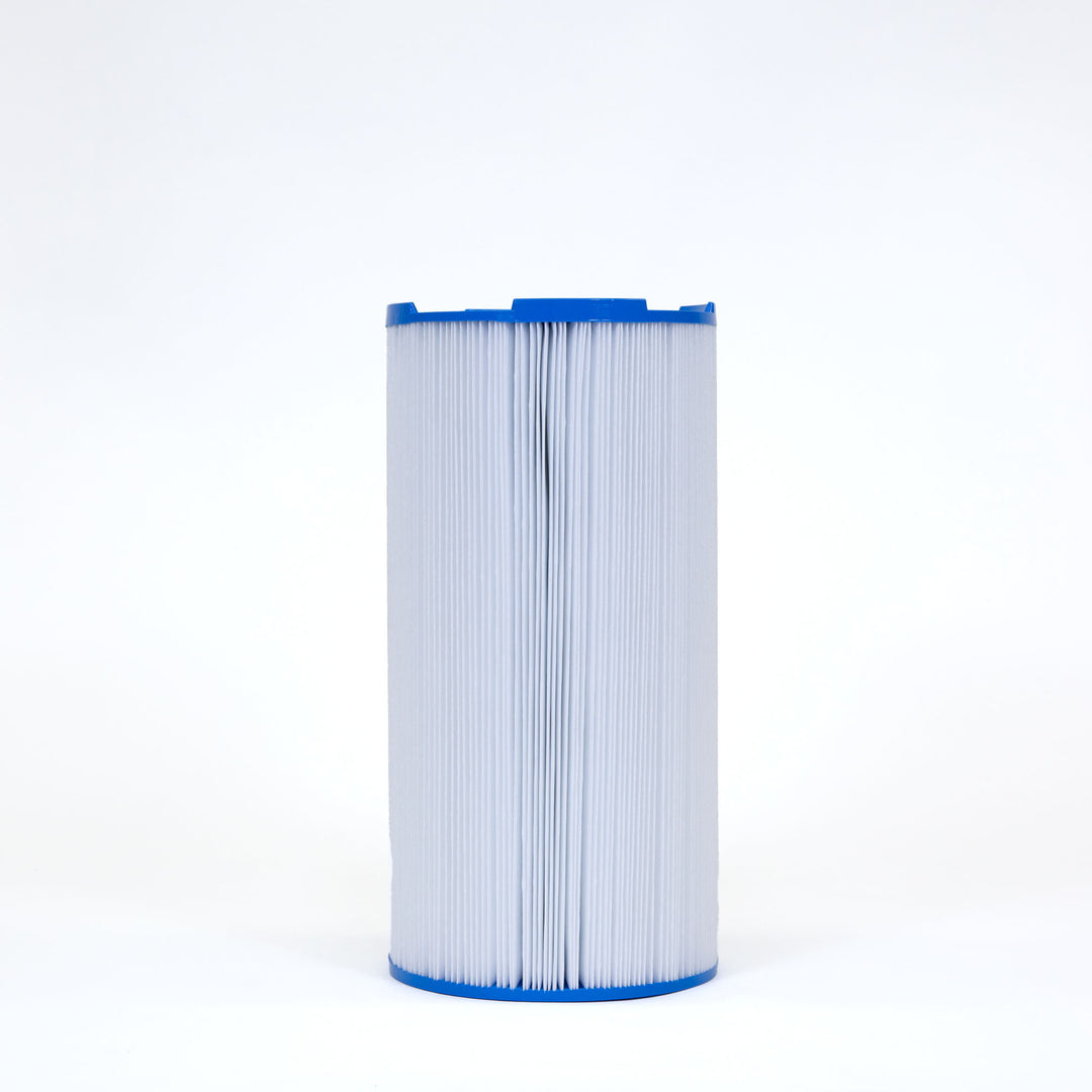 Tall cylindrical pool or spa filter cartridge with blue plastic caps on top and bottom and white pleated filter material