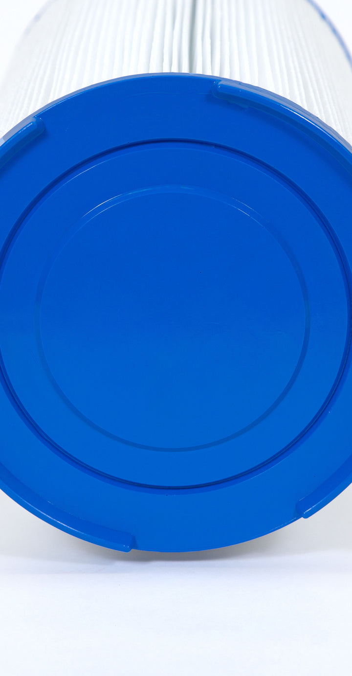 Close-up view of a cylindrical white pleated filter cartridge with a blue plastic end cap on a white background