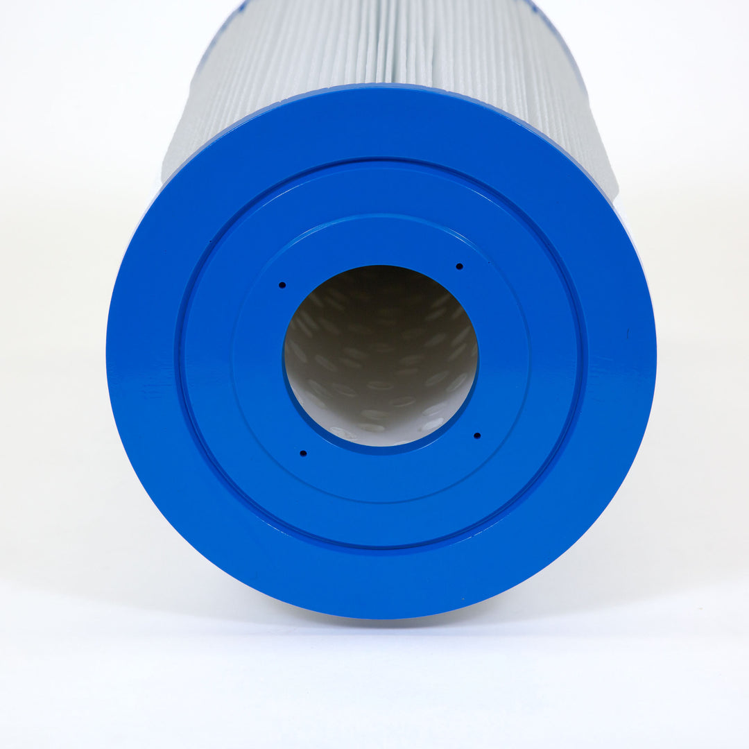 Cylindrical replacement filter cartridge with white pleated material and bright blue plastic end cap shown from front