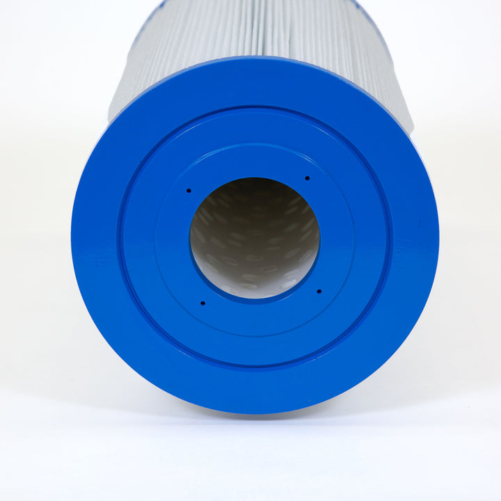 Cylindrical replacement filter cartridge with white pleated material and bright blue plastic end cap shown from front