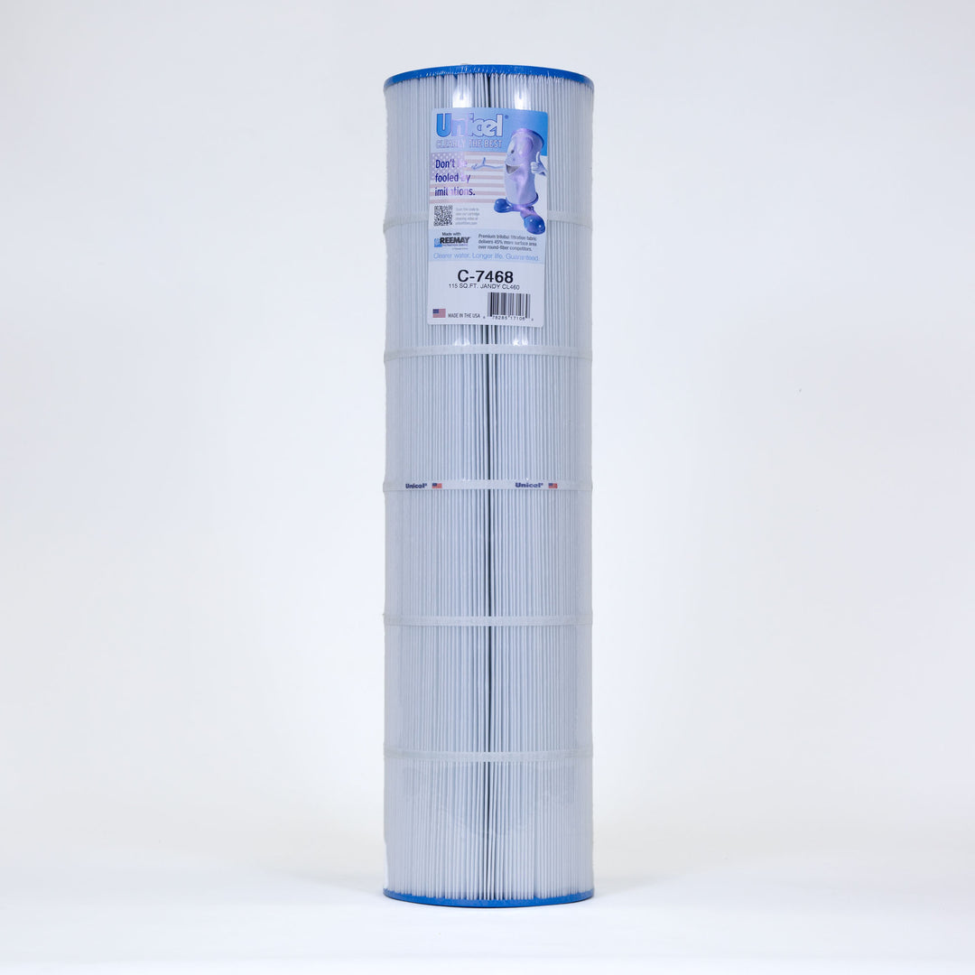 Tall cylindrical pool filter cartridge with blue top and bottom edges and pleated white filter fabric wrapped in bands