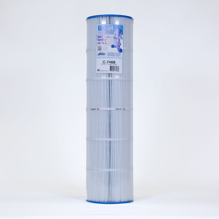 Tall cylindrical pool filter cartridge with blue top and bottom edges and pleated white filter fabric wrapped in bands