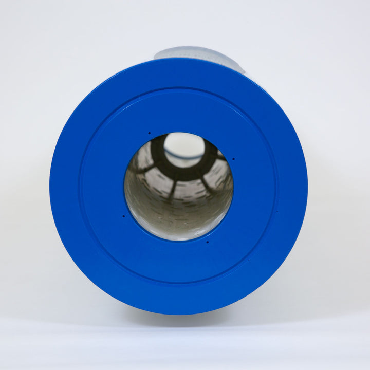 Cylindrical pool filter cartridge with a blue plastic end cap and hollow center tube resting on a white background