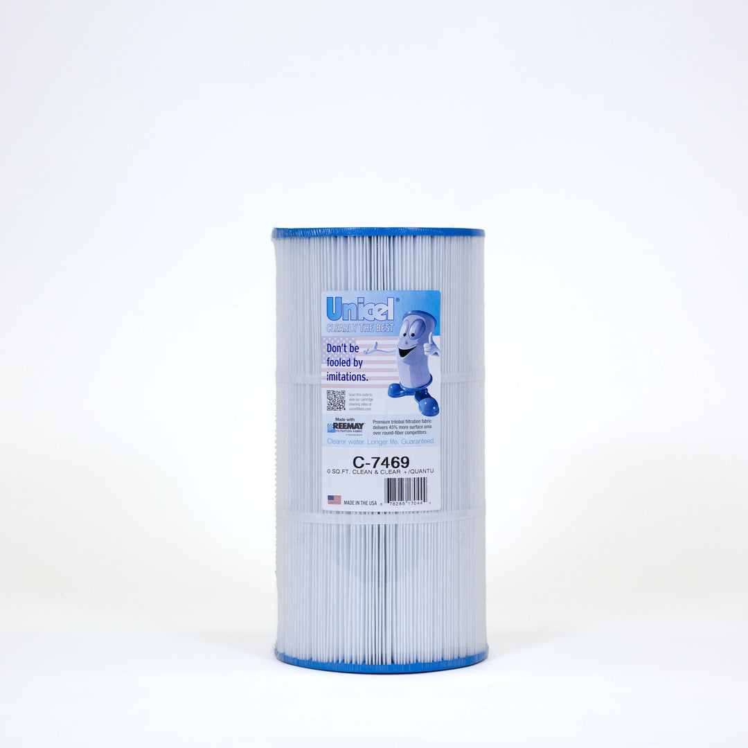 white cylindrical cartridge pool filter with blue caps and a label showing a smiling cartoon filter character and product details