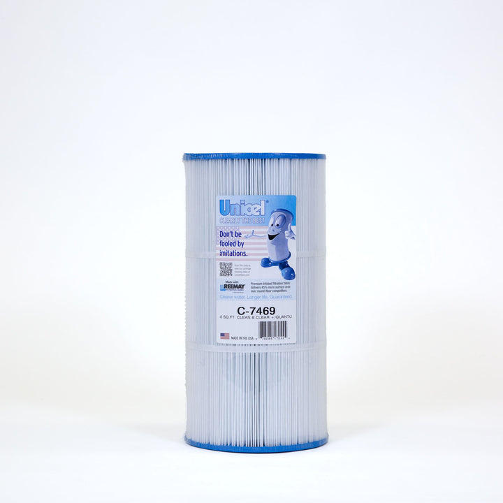 white cylindrical cartridge pool filter with blue caps and a label showing a smiling cartoon filter character and product details