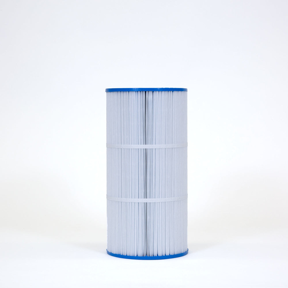 cylindrical pool filter cartridge with pleated white filter material and blue plastic ends on a white background