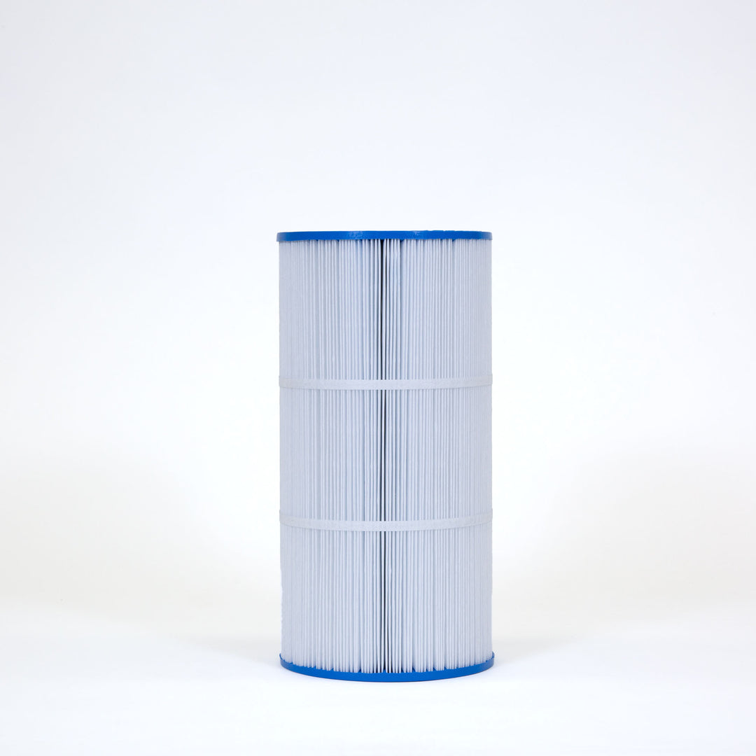 cylindrical pool filter cartridge with pleated white filter material and blue plastic ends on a white background
