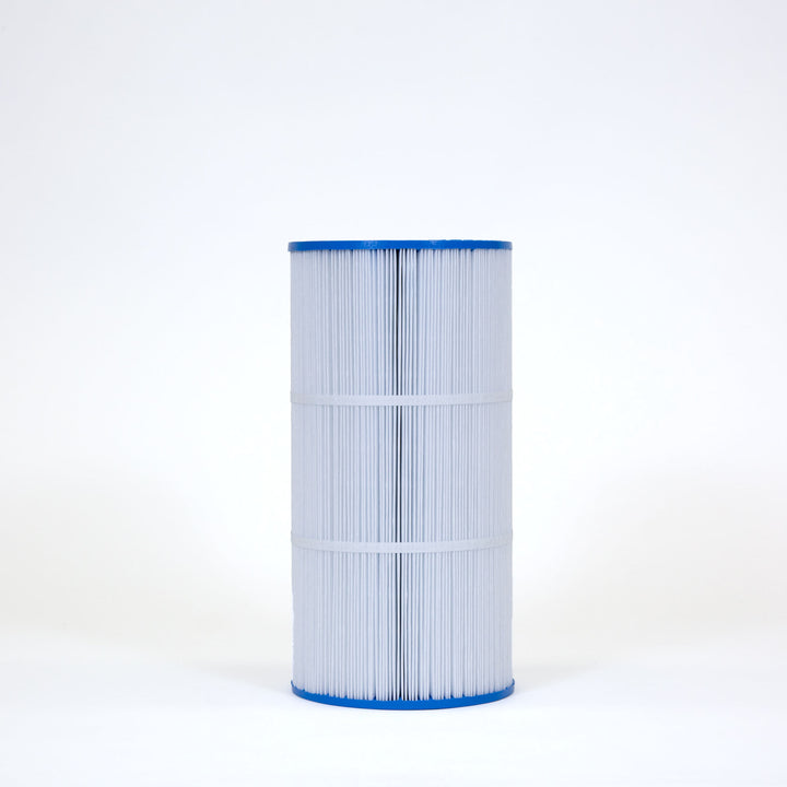 cylindrical pool filter cartridge with pleated white filter material and blue plastic ends on a white background