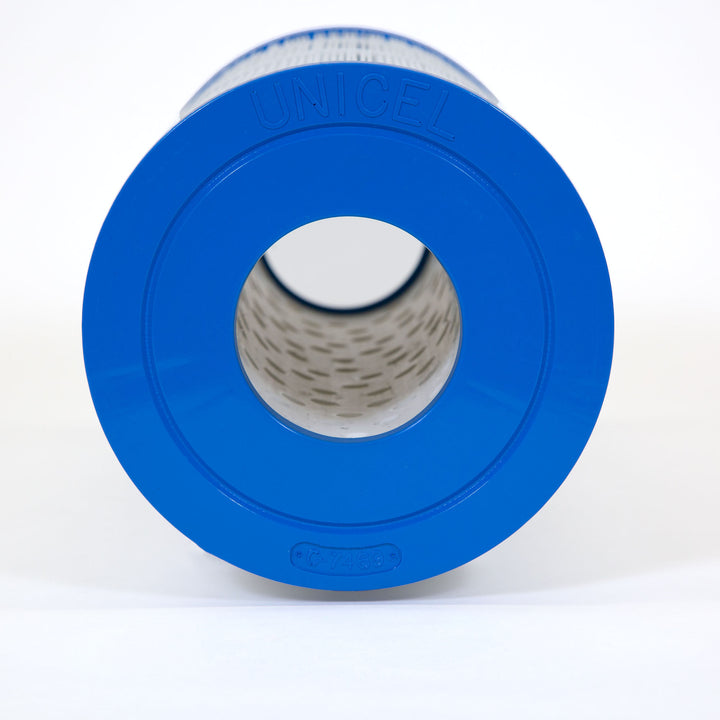 cylindrical filter cartridge with blue plastic end caps and white pleated filter material inside for water filtration