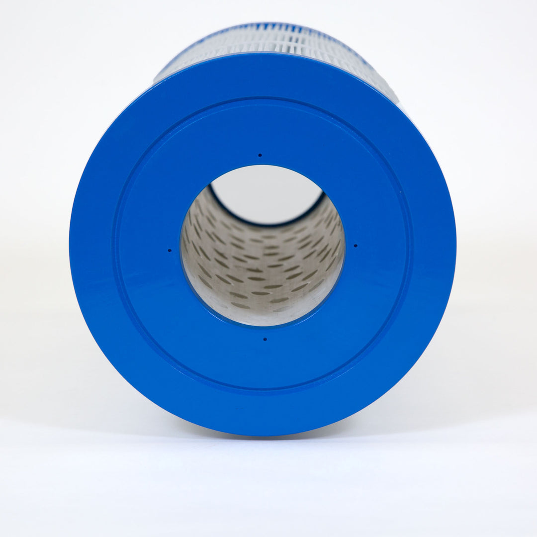 cylindrical pool filter cartridge with blue plastic end caps and pleated white filtering material visible inside