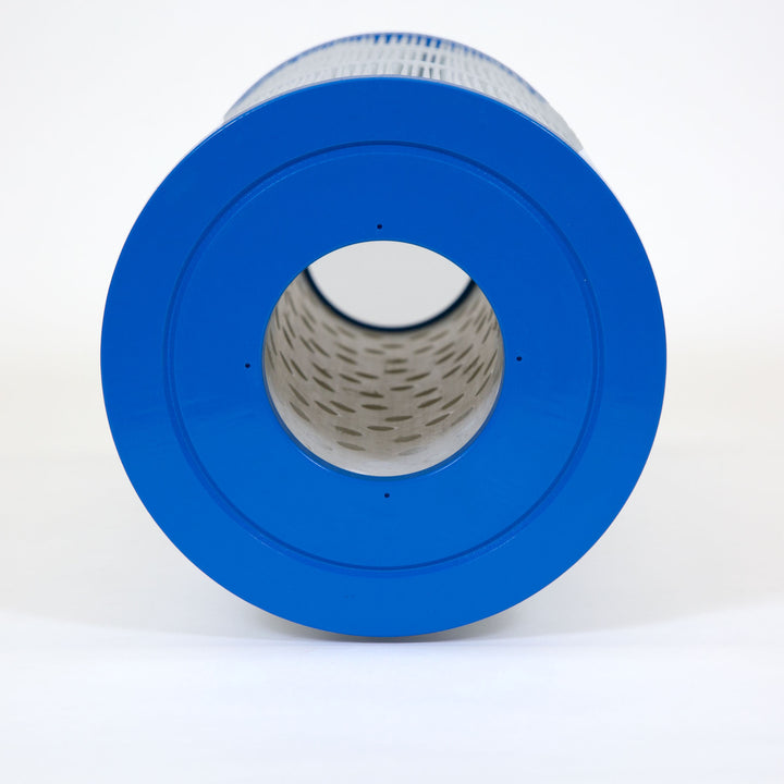 cylindrical pool filter cartridge with blue plastic end caps and pleated white filtering material visible inside