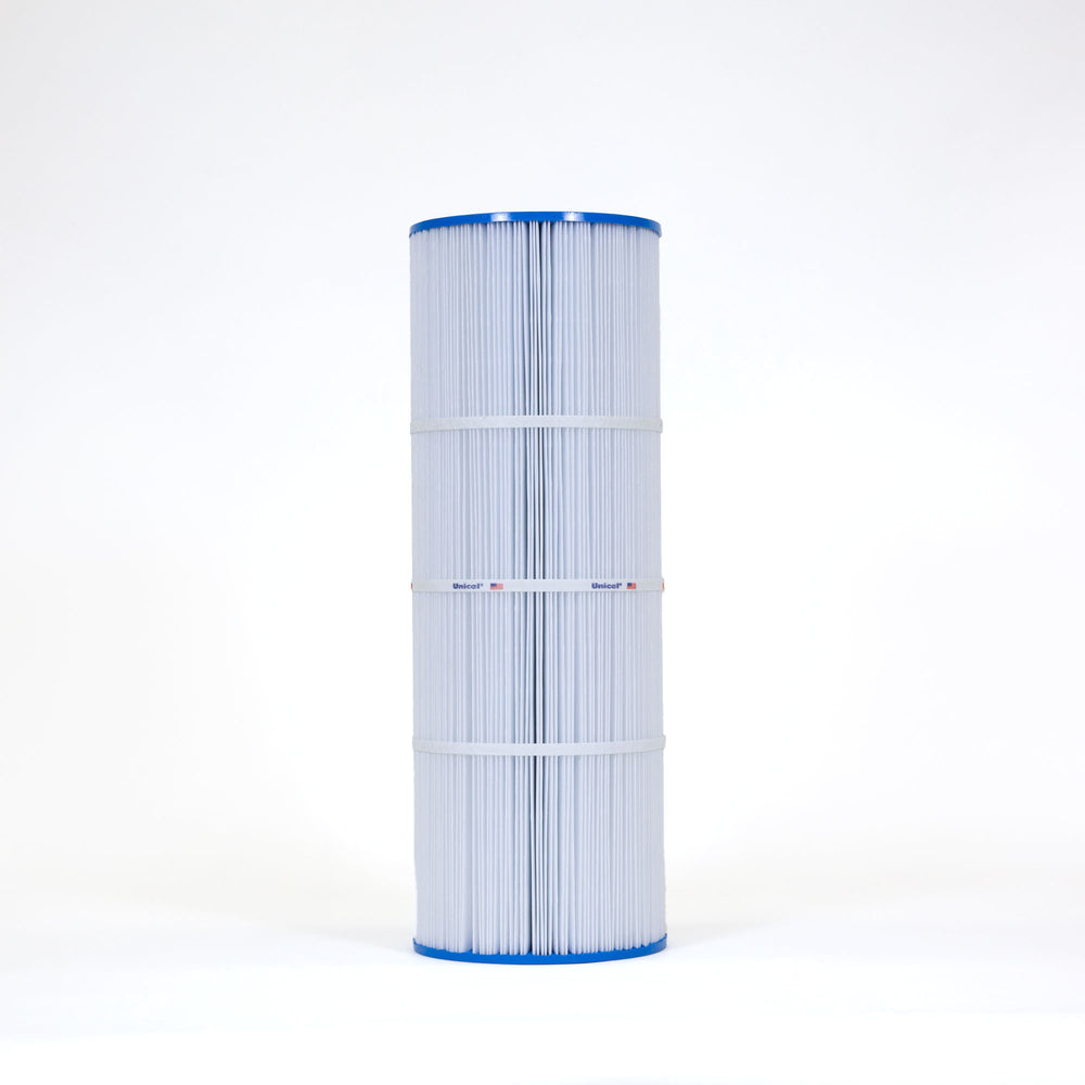 tall cylindrical pool filter cartridge with white pleated material and blue ends standing upright on white background