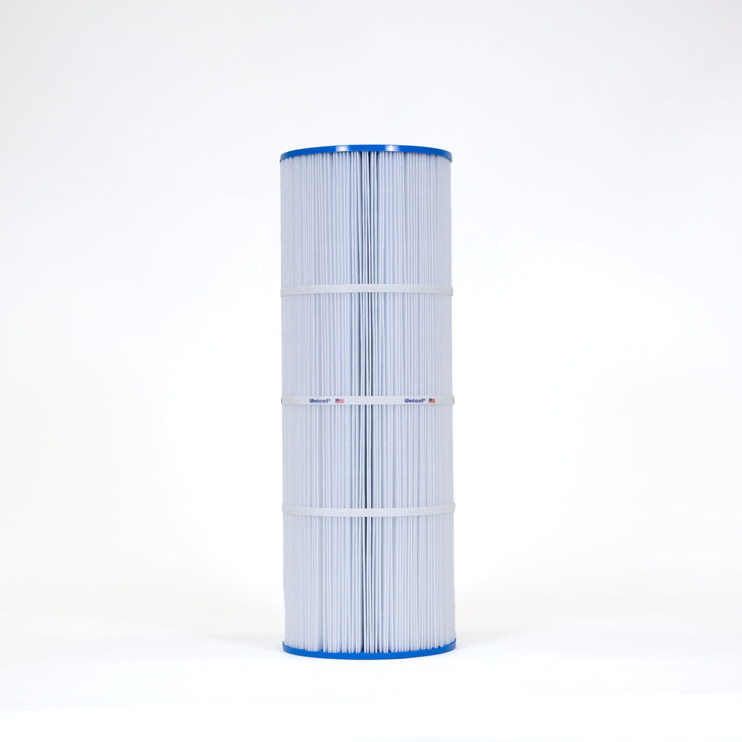 tall cylindrical pool filter cartridge with white pleated material and blue ends standing upright on white background