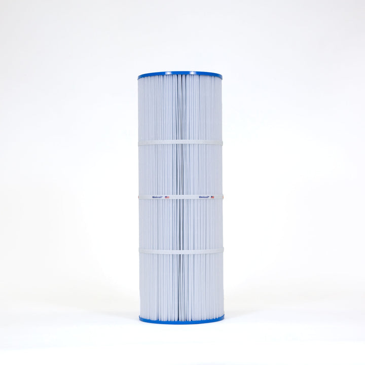 tall cylindrical pool filter cartridge with white pleated material and blue ends standing upright on white background