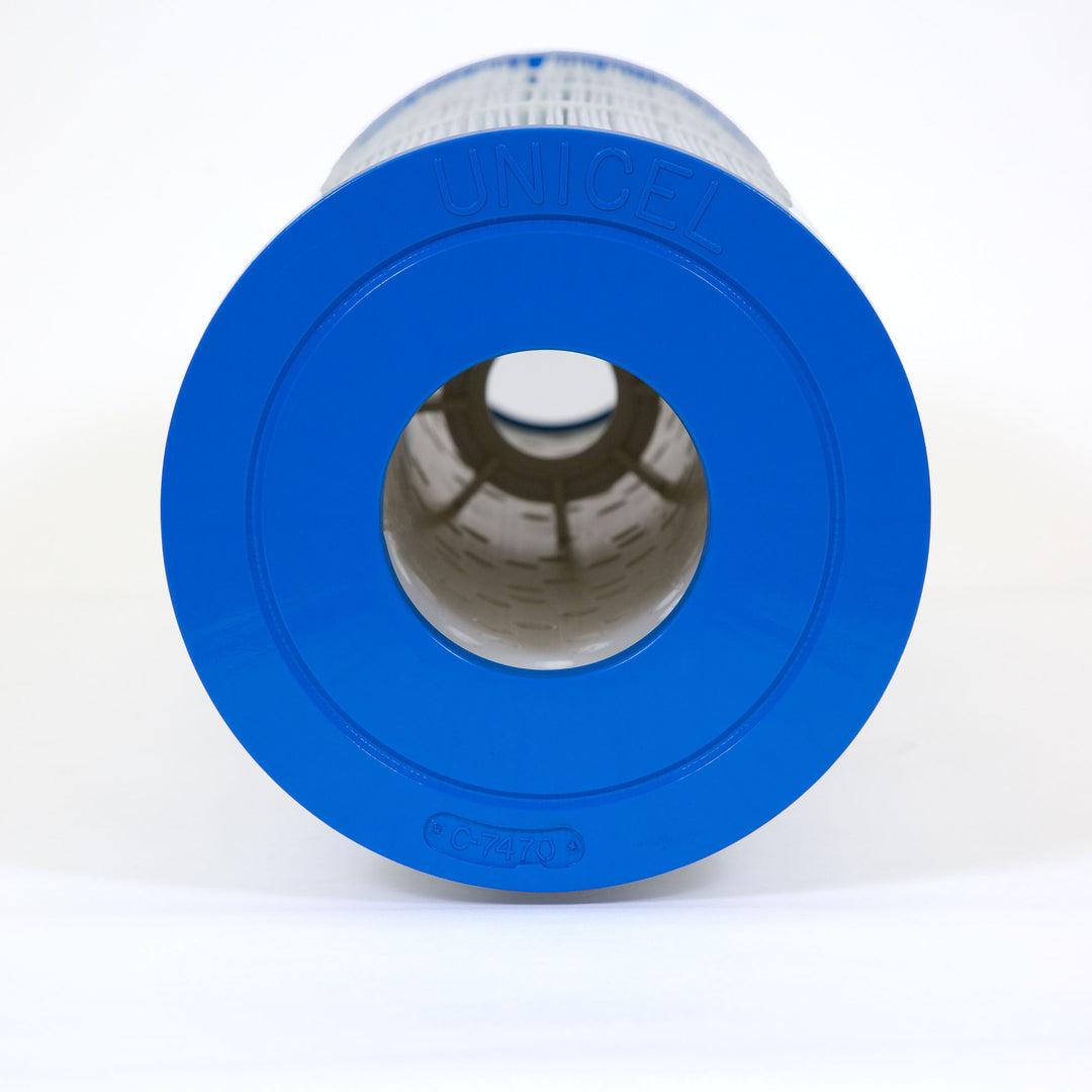 cylindrical pool filter cartridge with blue plastic end caps and pleated white filter material visible through center hole