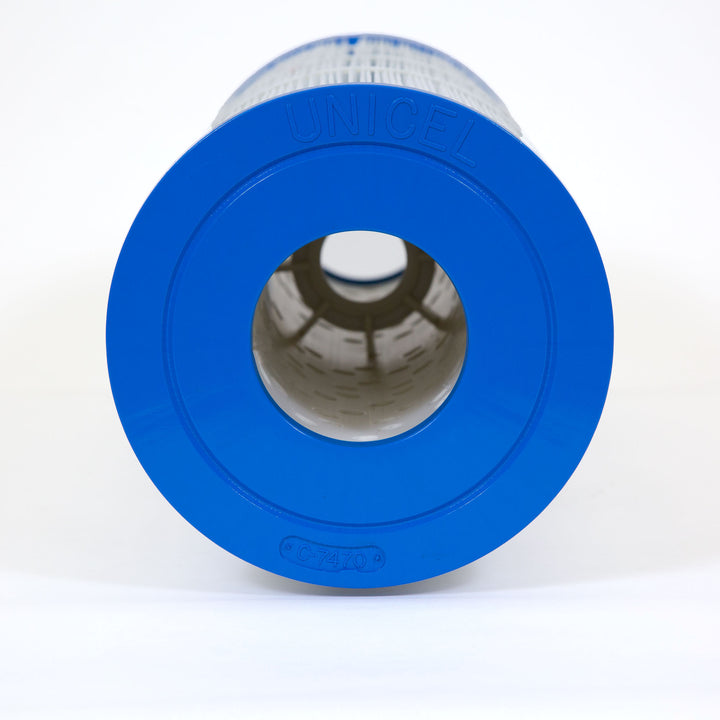 cylindrical pool filter cartridge with blue plastic end caps and pleated white filter material visible through center hole