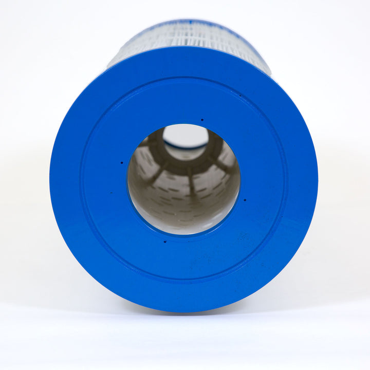 Close-up view of a cylindrical pool filter cartridge with a bright blue plastic end cap and white pleated filtration material