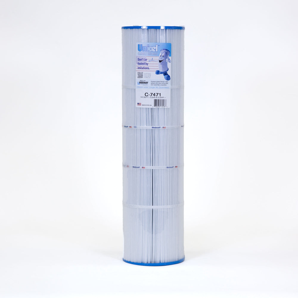 Tall cylindrical pool filter cartridge with white pleated material and blue edges standing upright on a white background