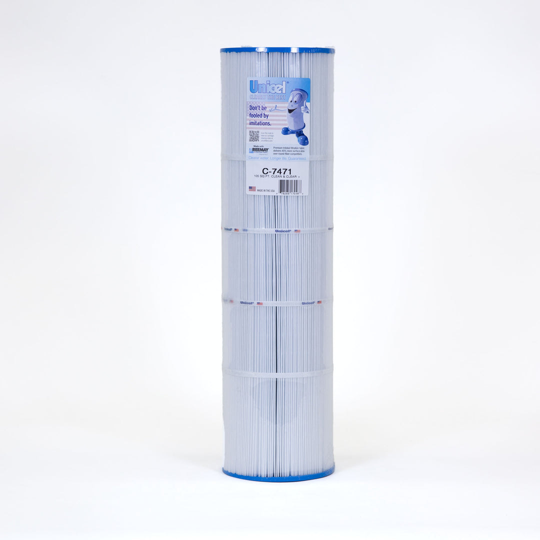 Tall cylindrical pool filter cartridge with white pleated material and blue edges standing upright on a white background