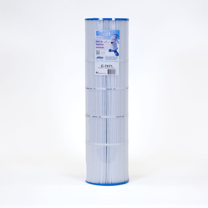 Tall cylindrical pool filter cartridge with white pleated material and blue edges standing upright on a white background