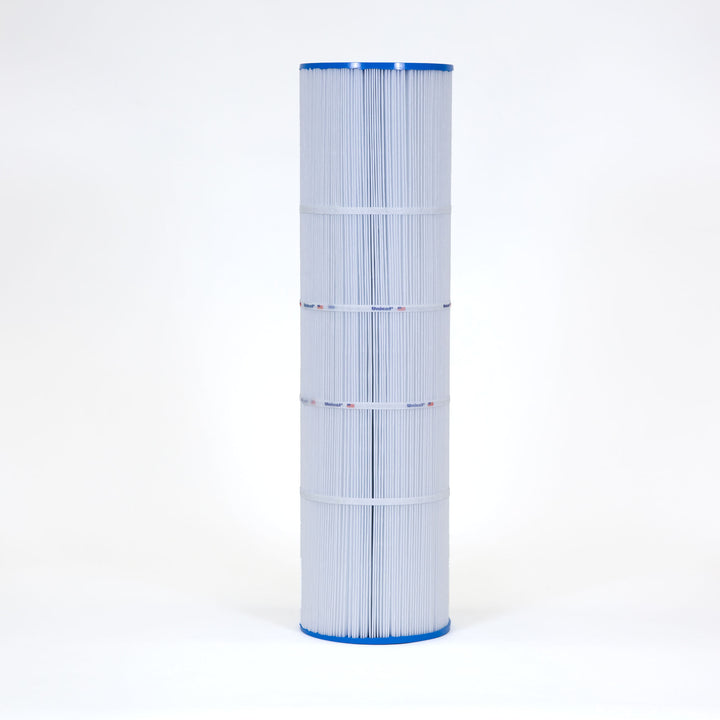 tall cylindrical pool filter cartridge with white pleated fabric and blue plastic ends standing on a white background