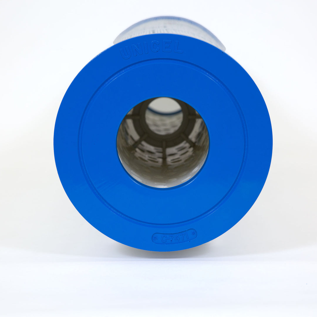 Blue cylindrical replacement filter cartridge with a hollow center and visible internal structure, labeled with Unicel and C-7471