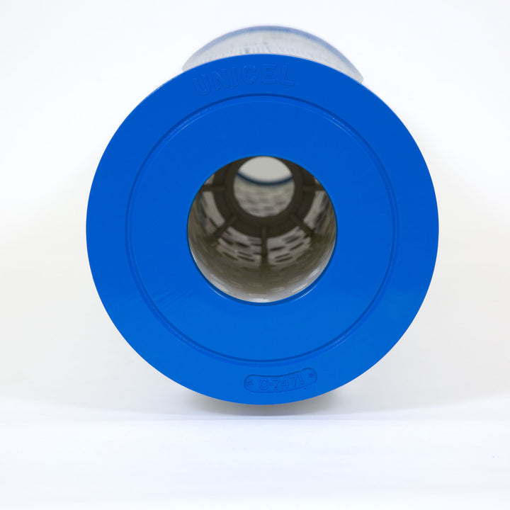 Blue cylindrical replacement filter cartridge with a hollow center and visible internal structure, labeled with Unicel and C-7471