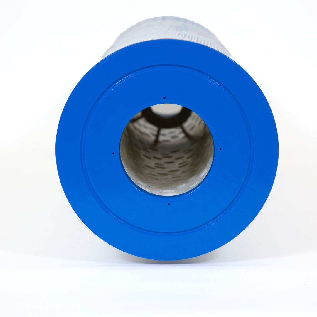 Close-up of a cylindrical pool filter cartridge with a bright blue plastic end cap and hollow center on a white background