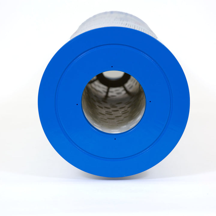Close-up of a cylindrical pool filter cartridge with a bright blue plastic end cap and hollow center on a white background
