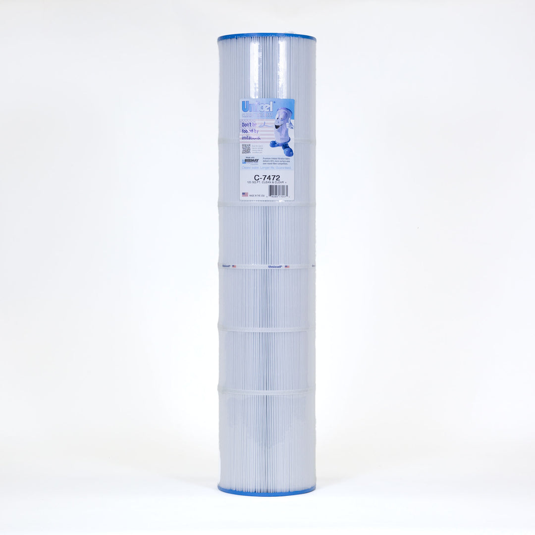Tall cylindrical replacement pool filter cartridge with blue caps and white pleated material with a label on the upper side