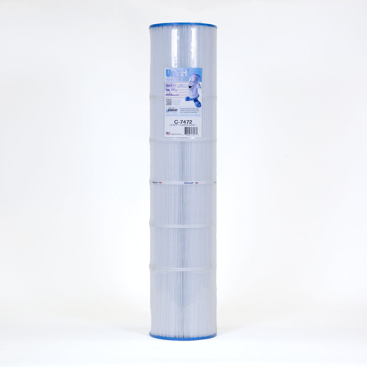Tall cylindrical replacement pool filter cartridge with blue caps and white pleated material with a label on the upper side