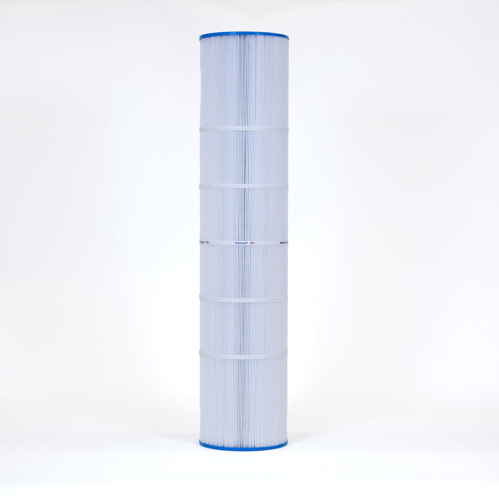 Tall cylindrical pool filter cartridge with white pleated material and blue end caps, standing against a white background