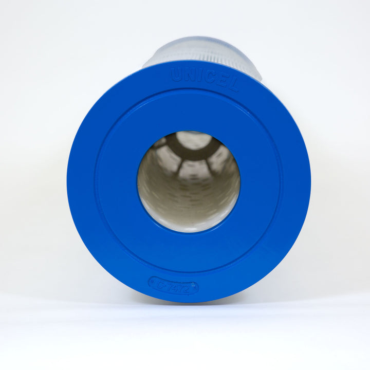 cylindrical pool filter cartridge with blue plastic end cap and white pleated filter material inside