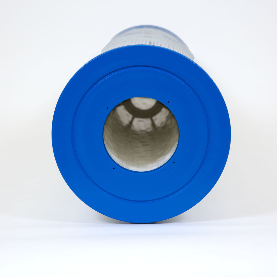 cylindrical pool filter cartridge with bright blue plastic end caps and pleated white filtering material