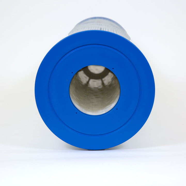 cylindrical pool filter cartridge with bright blue plastic end caps and pleated white filtering material