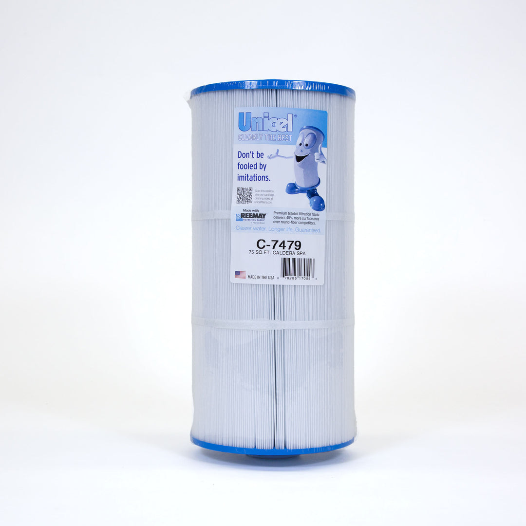 Cylindrical replacement filter cartridge with pleated white fabric and blue end caps standing upright on a white background with product label